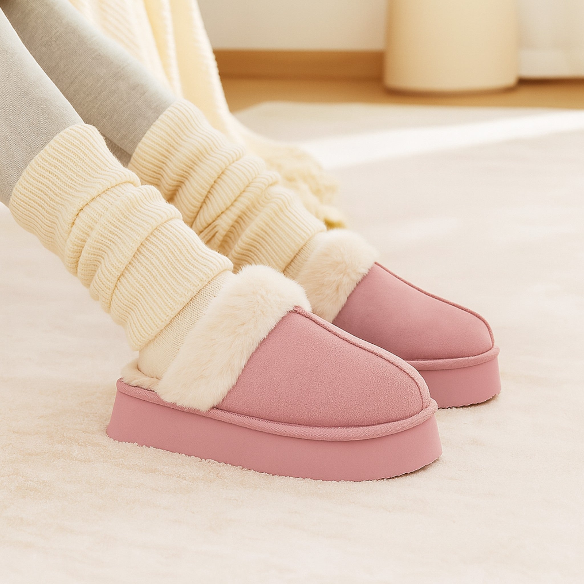 Ladies supersoft snugg boot slippers in pink with faux fur lining, warm cozy indoor slip-on footwear for comfort and style for indoor and outdoor